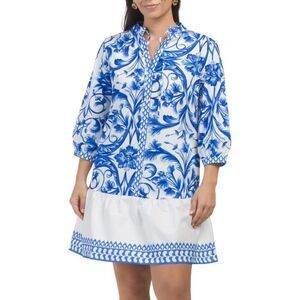 LINA TOMEI Italy Long Sleeve Cotton Baroque Drop Waist Dress Blue Floral M NWT